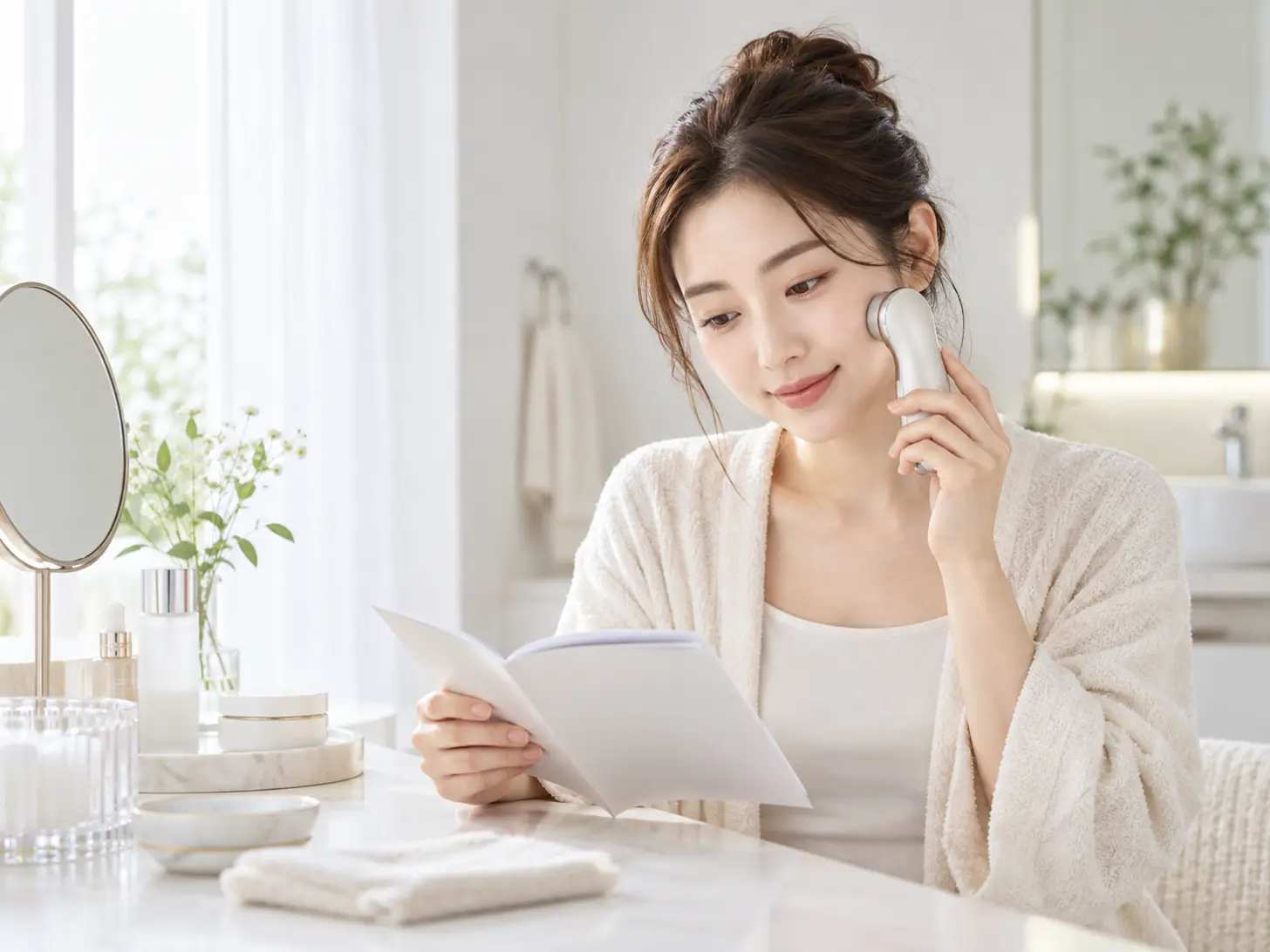 取扱説明書を確認しながら美顔器を使う女性
